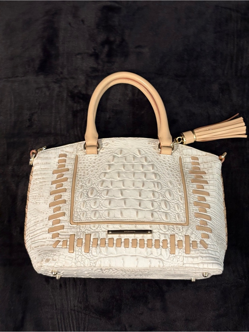 Brahmin Off-White Croc-Embossed Satchel with Tan Accents